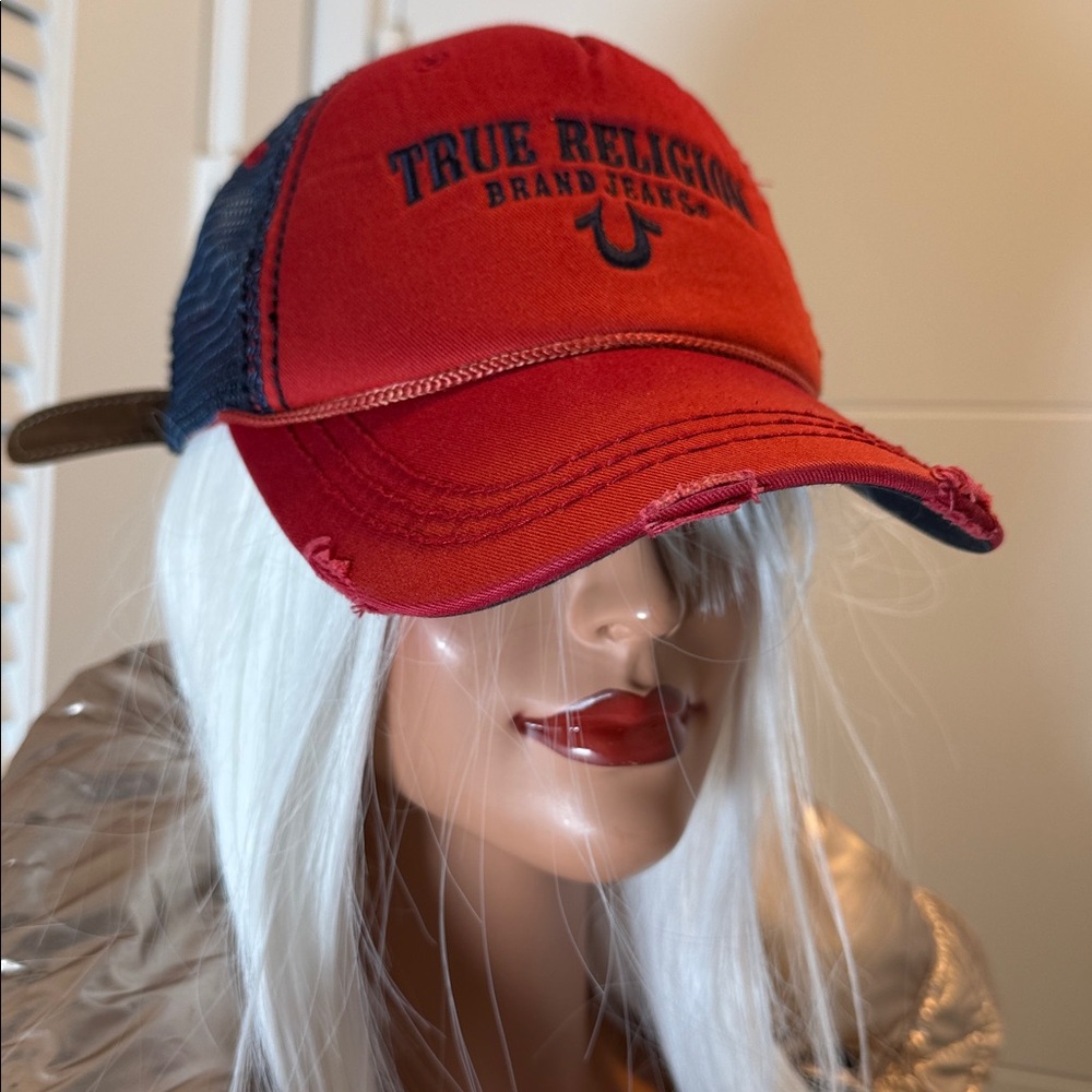 True Religion Red and Blue Distressed Cap